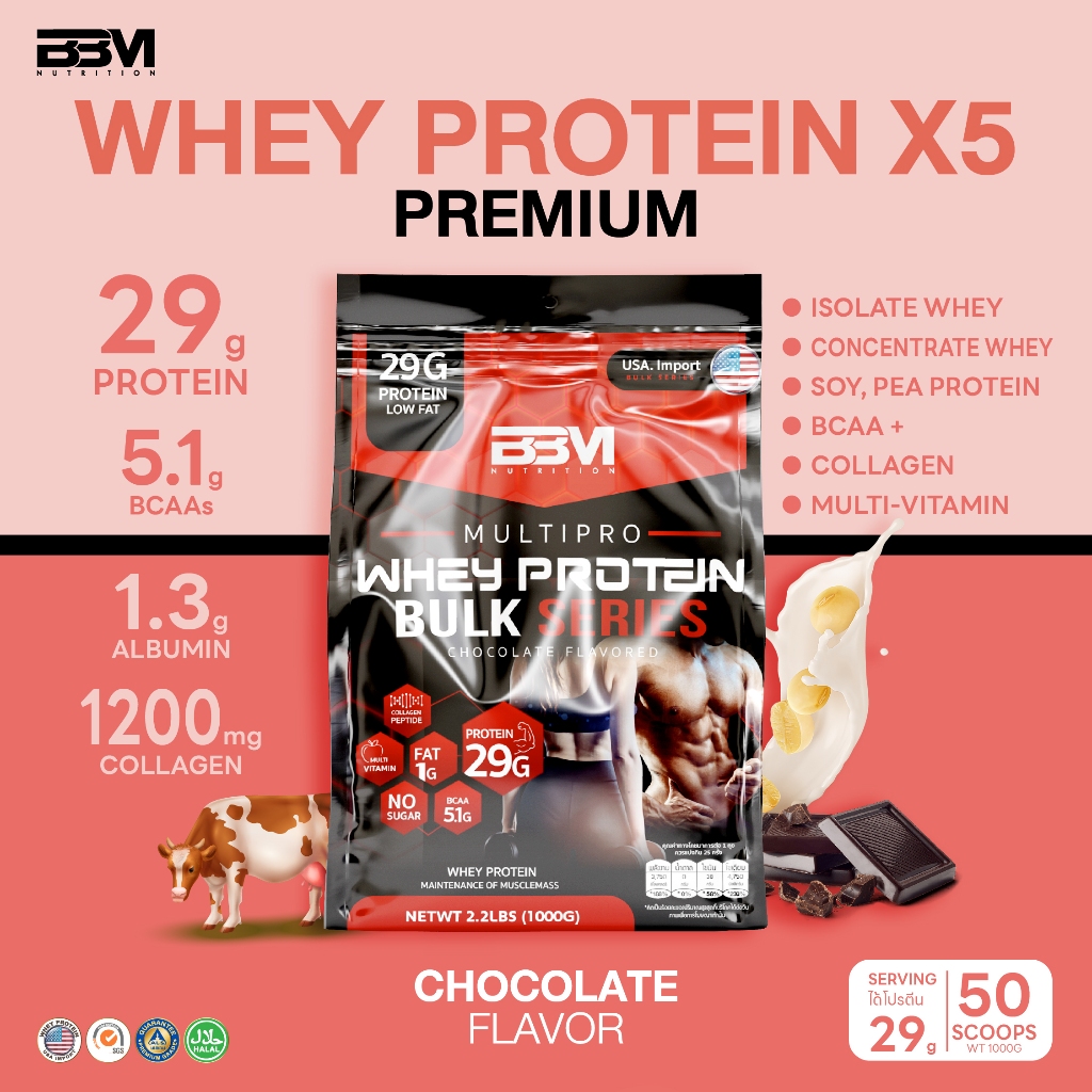 BBM Multipro Bulk เวย์โปรตีน เพิ่มกล้าม ช็อคโกแลต วิตามิน13ชนิด โปรตี 29g ฺBland Protein โปรตีนรวม 5