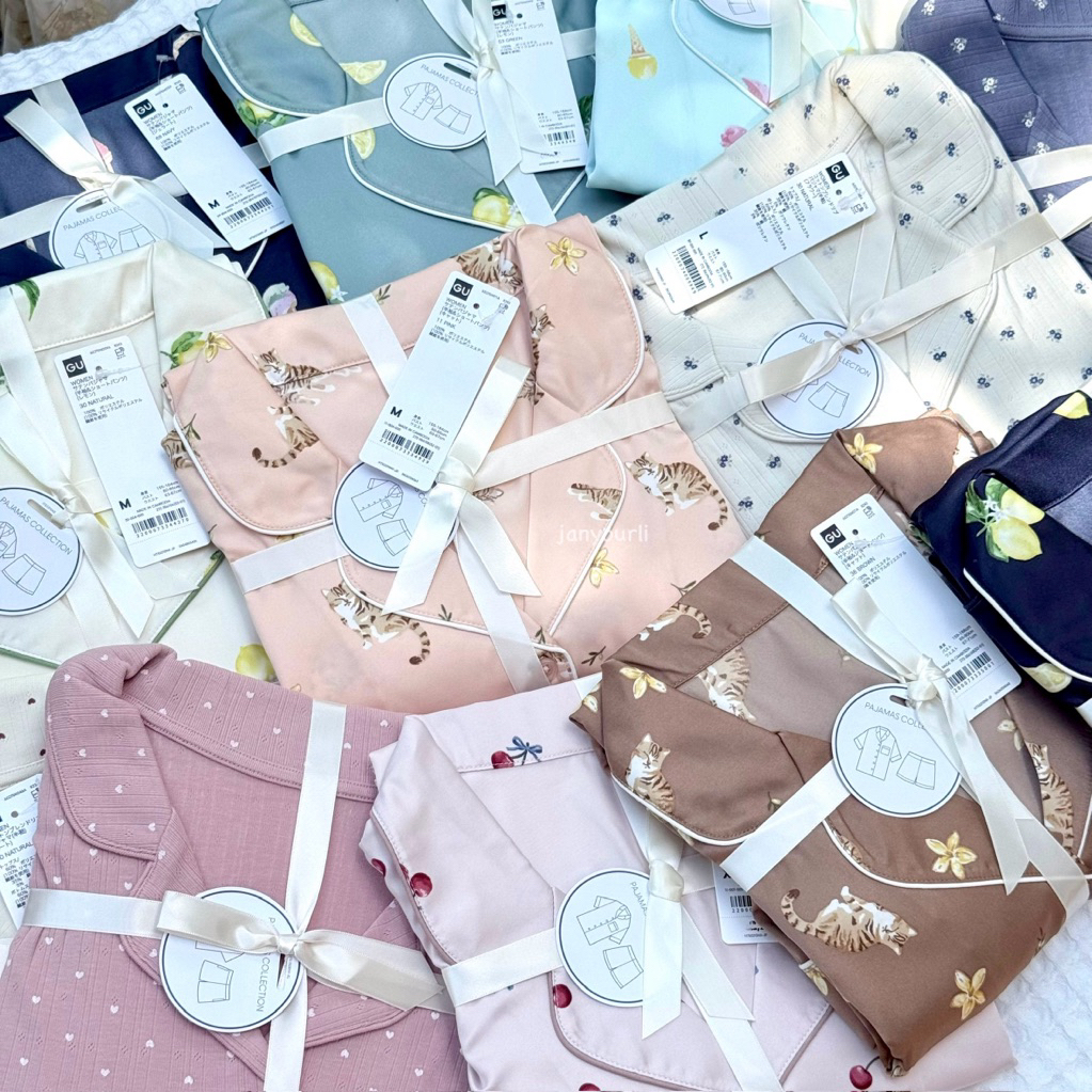 (พร้อมส่ง)ชุดนอนgu ชุดนอนผ้าซาติน/คอตตอน ขนาดM-3XL