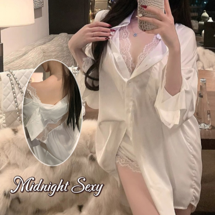 MidnightSexy✨ชุดนอน เซตชุดนอน silk เสื้อแขนยาว+shorts ลื่น hollow เว้าหลัง ผ้าใส่สบาย