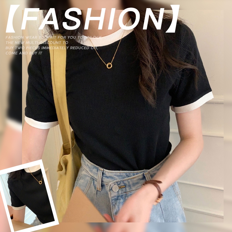 FBAShop 🚛พร้อมส่ง🚛เสื้อยืดแฟชั่นสวยๆ เสื้อยืดแฟชั่นราคาถูก เสื้อยืดคอกลมดีเทลทูโทน🍰เนื้อผ้านิ่ม สีน่ารัก เรียบๆสไตล์เกาห