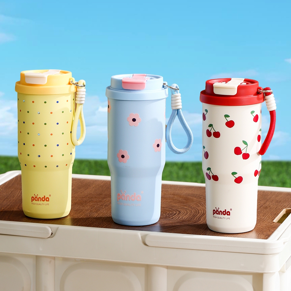 PANDA NEW!!! แก้วกาแฟ สแตนเลส แก้วเก็บความเย็น 1 ฝา 2 หัวดื่ม กระติกสุญญากาศ 750ml/25OZ สแตนเลส304 ชุดภาพวาดลายพิเศษ 3สี