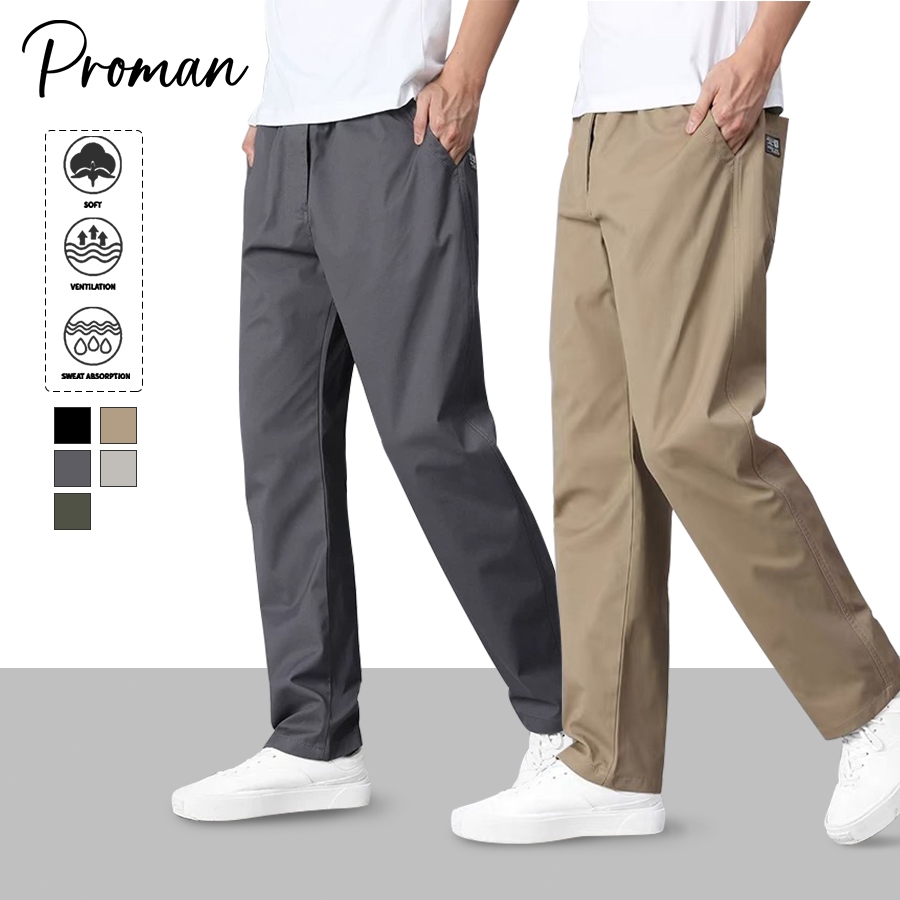 ProMan กางเกงลำลองผู้ชาย ทรงตรงยาว สีล้วน ดูผอมเพรียว แมทช์ลุคง่าย ใส่ลำลองทุกวัน