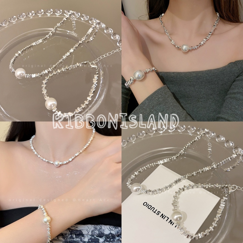 RIbbonIsland🫧สร้อยคอ สร้อยคอโซ่ ins จี้ ไข่มุก สวย vintage สีเงิน แฟชั่น สไตล์เกาหลี ส่งเร็ว