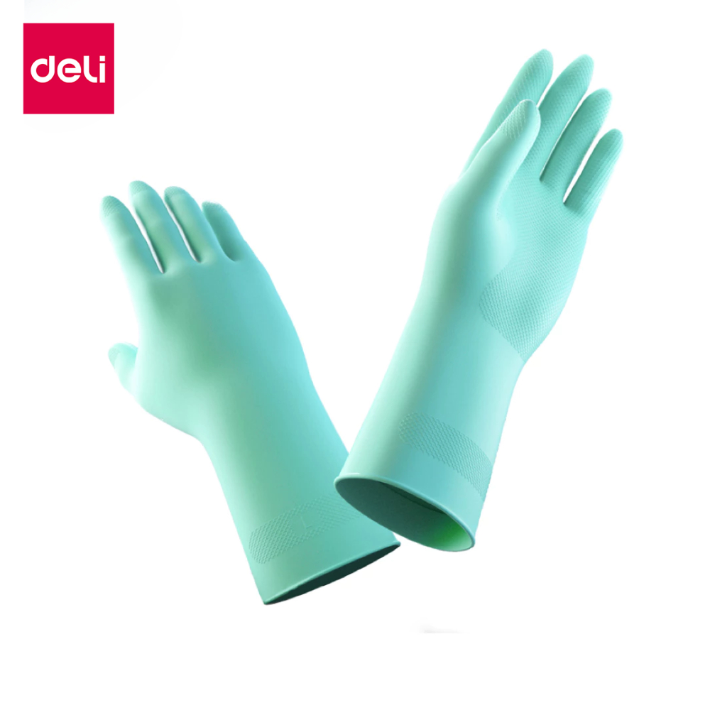 Deli ถุงมือยาง ถุงมือล้างจาน สำหรับงานบ้าน กันมือเลอะ ซับในกำมะหยี่ ออกแบบกันลื่น จับของง่าย ยืดหยุ่
