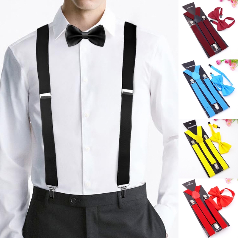 สายเอี๊ยม กว้าง 2.5 ซม. พร้อมหูกระต่าย Adult Suspenders Solid Color Men's and Women's Universal Suspenders Bow Tie Set