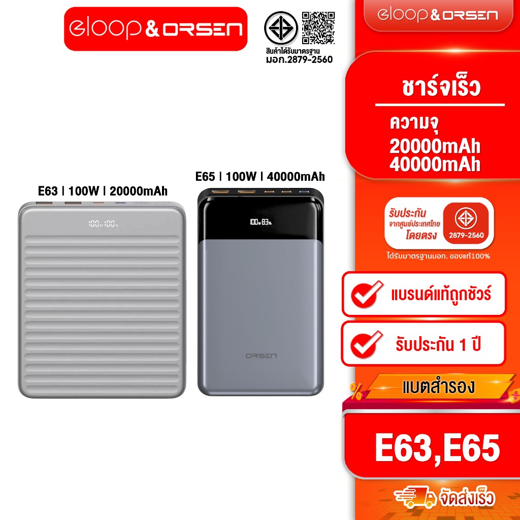 [ติดตาม รับส่วนลด]Eloop E63 20000mah/ E65 40000mah ชาร์จเร็ว PD100W 120W Type C Charg Macbook