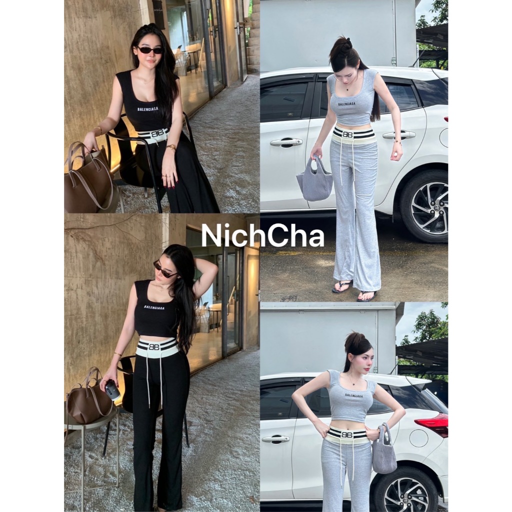 Nichcha Set2ชิ้น  - เสื้อแขนกุดคอเหลี่ยม สกรีนอก  - กางเกงขาขาม้า เอวสูง