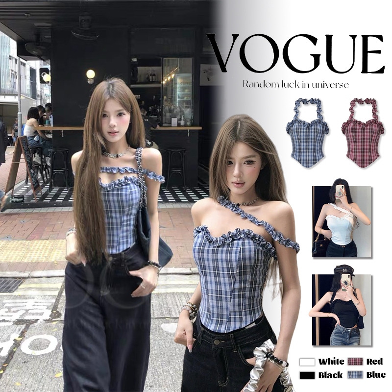 Vogue🌟พร้อมส่ง🌟 เสื้อเกาะอก แต่งสายคล้อง ลายสต๊อก เสริมฟองน้ำ ใส่สบาย (FY5502)