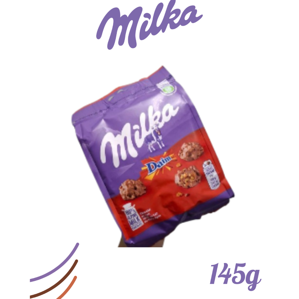 Milka Daim Snax ช็อกโกแลตผสมผสานระหว่าง  Milka กับชิ้นคาราเมล Daim  น้ำหนัก 145 กรัม BBF.01/12/26