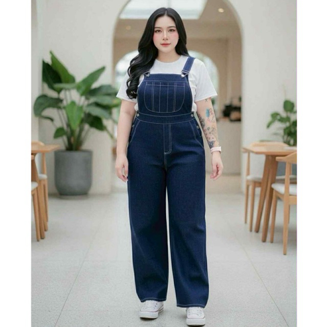 #69(ส่งเร็ว)เอี๊ยมกางเกงขายาว ผ้ายีนส์ทรงลิซ่า+เสื้อยืดสีขาว bigsize ไซส์ใหญ่ สำหรับผู้หญิง สีขาว Women Lady Clothing - รูปที่ 2