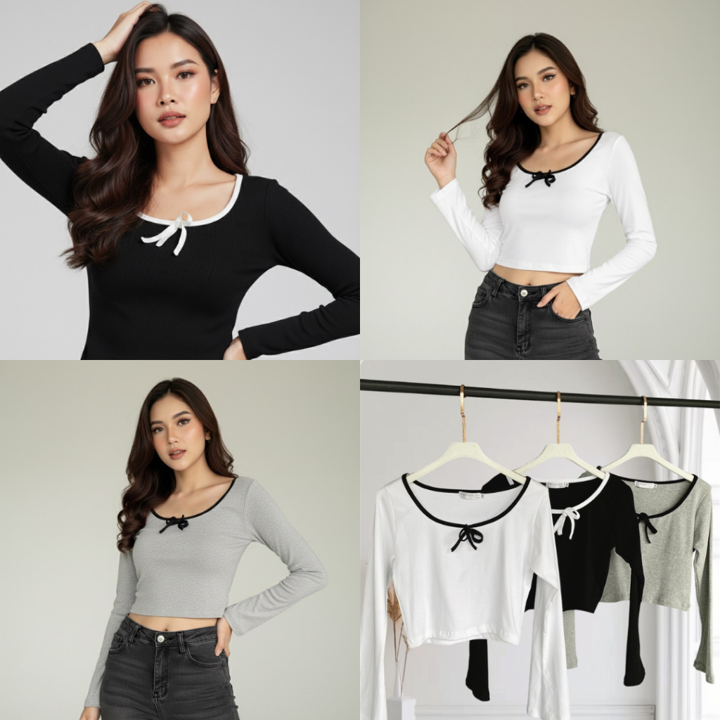 V10-Cozy Bow Cropped Top เสื้อครอปแขนยาวกุ๊นขอบ มีโบว์ – โปรปัง