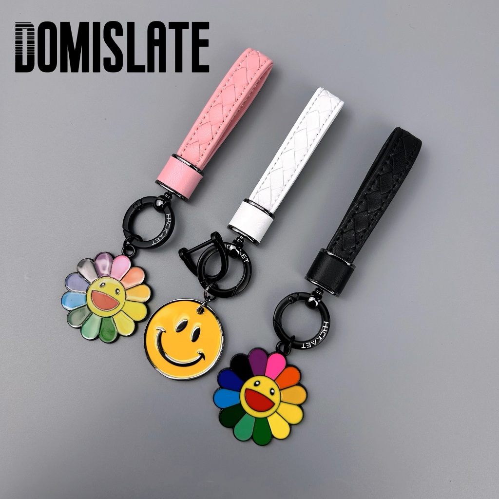 murakami flower พวงกุญแจหนังจี้โลหะดอกไม้หน้ายิ้มน่ารักที่ห้อยกระเป๋าหญิงสวยหรูของขวัญพวงกุญแจรถ