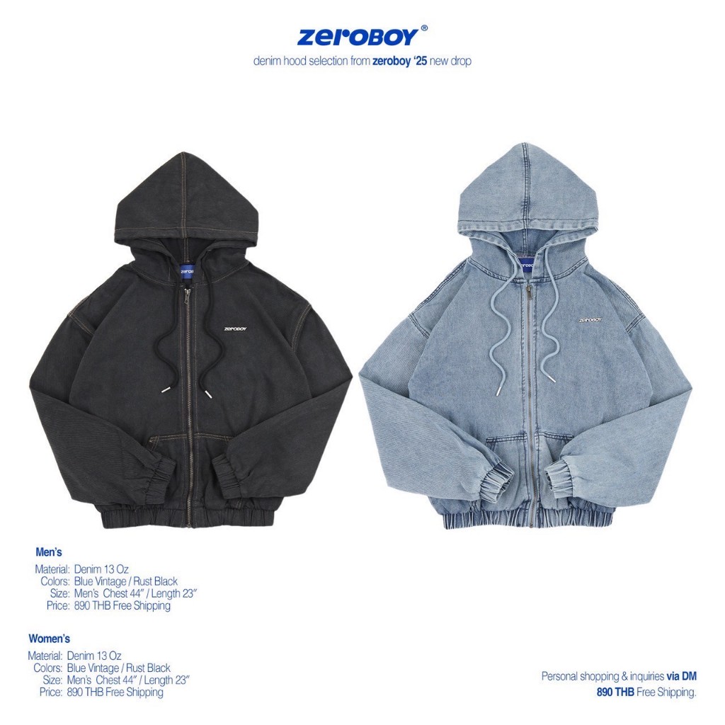 ZEROBOY – DENIM HOOD /25 " สตรีทแจ็คเก็ตฮู้ดของผู้ชายและผู้หญิง "