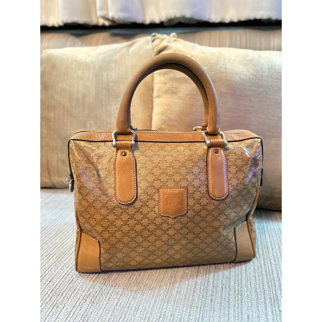 กระเป๋า Celine Mini Boston Bag วินเทจมือสองของแท้ ผ้าแคนวาสเคลือบ Macadam แต่งขอบหนัง
