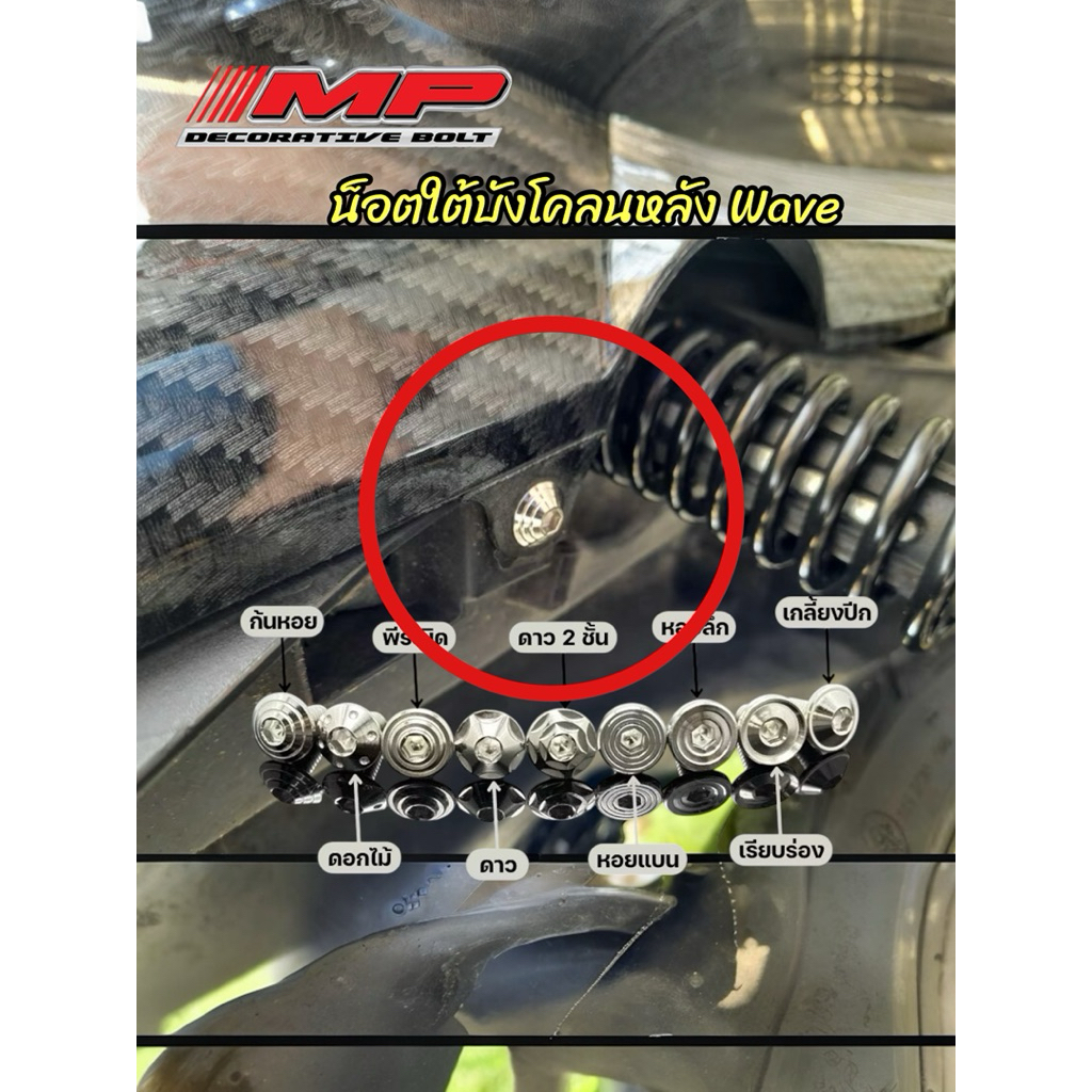 น็อตใต้บังโคลนหลังเวฟ ใกล้โช้ค 1 ชุด 2 ตัว w125iบังลม/r/s