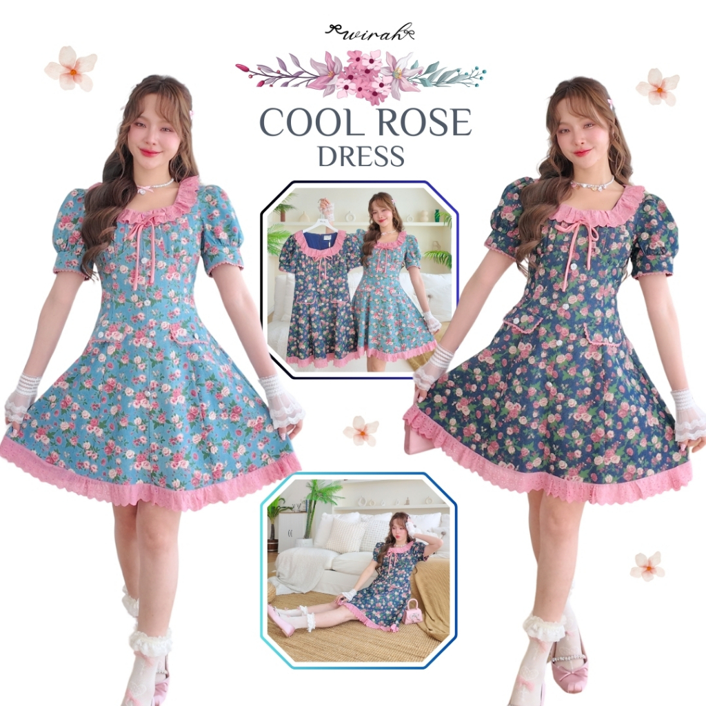 「 Wirah_Brand 」DW217 Cool Rose Dress ชุดเดรสสั้นผ้ายีนส์พิมพ์ลายดอกไม้ เสื้อแขนสั้นทรงแขนตุ๊กตา