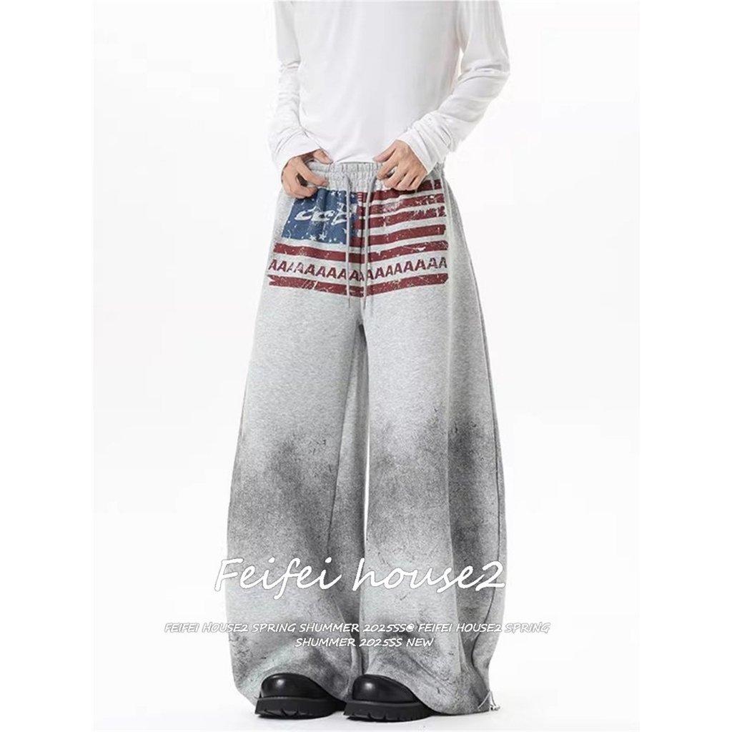 [Women's letter flag print trousers]กางเกงลำลองพิมพ์ลายกีฬาสตรีทสตรีทสำหรับผู้หญิง กางเกงขากว้างอเนกประสงค์