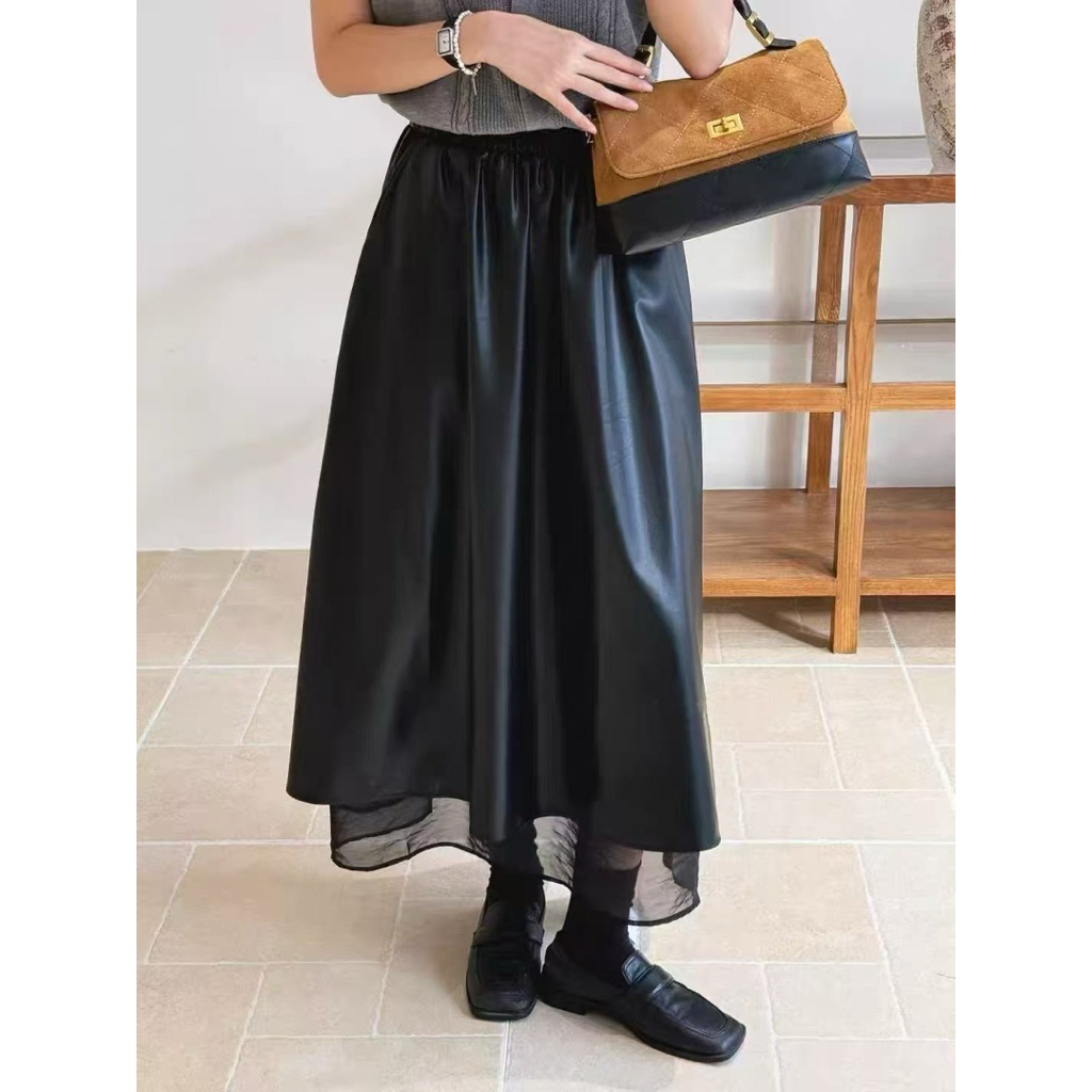 Stamp skirts กระโปรงบอลลูนตัวยาวหนังมีระบายผ้าแก้ว