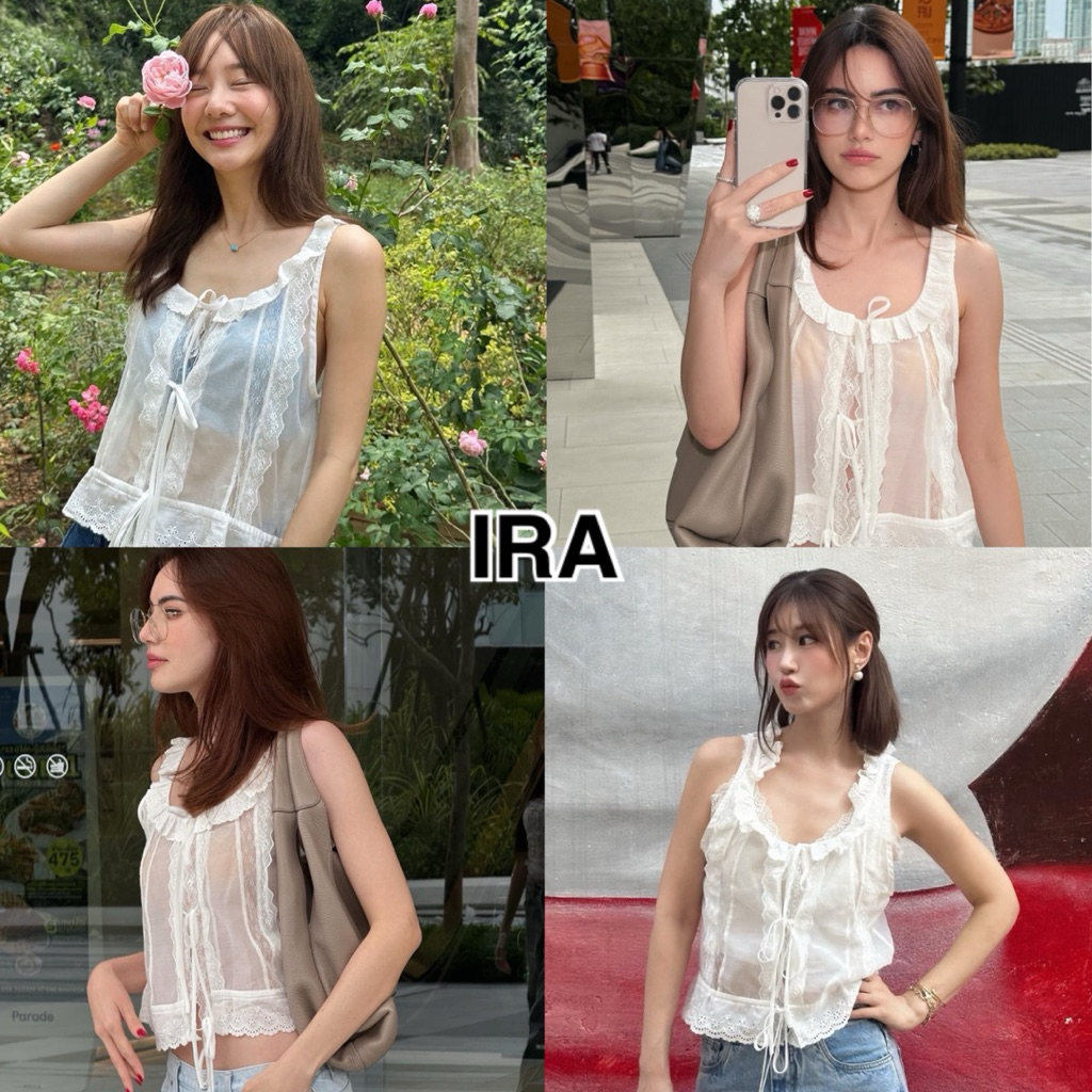 BY IRA Ginny  Top เสื้อลูกไม้สายเดี่ยวผูกโบว์ ดีไซน์หวาน สไตล์เกาหลี   ดีไซน์โบว์ผูกด้านหน้า เพิ่ม
