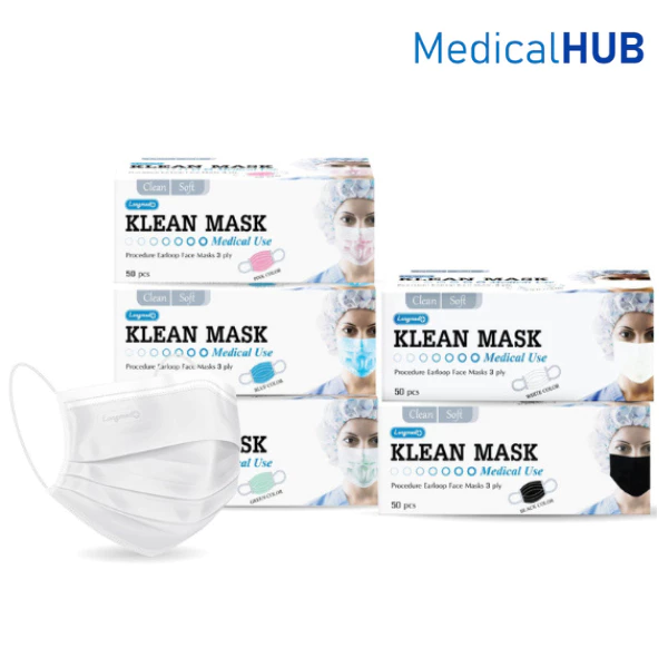 Klean Mask Longmed หน้ากากอนามัย 1 กล่อง 50 ชิ้น สี ชมพู 16437 / ขาว 17759 / เขียว 19437 / ฟ้า 18282