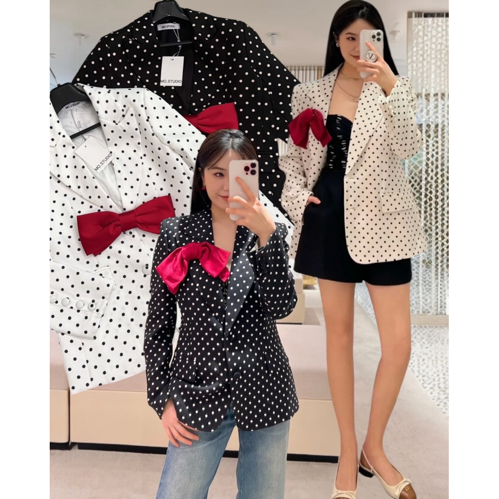 New Valenti Dot Blazer!!!⚪️⚫️❤️(650฿) Mo.studio เสื้อสูทเบลเซอลายจุด มีโบสองชั้นเเยกเป็นเข็มกลัด เนื้อผ้าลินินเกาหลี