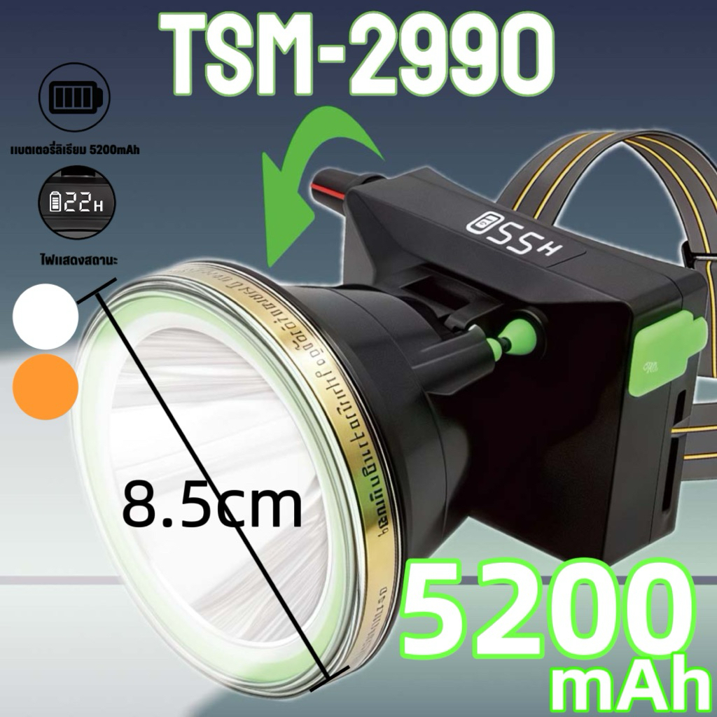 [TSM-2990 ]ไฟฉายคาดหัว ไฟคาดหัวแรงสูง ส่องไกล1000เมตร ไฟฉายLED แบตลิเธียม5200mAh ไฟกรีดยาง ไฟเดินป่าหัว ไฟคาดหัว - รูปที่ 2