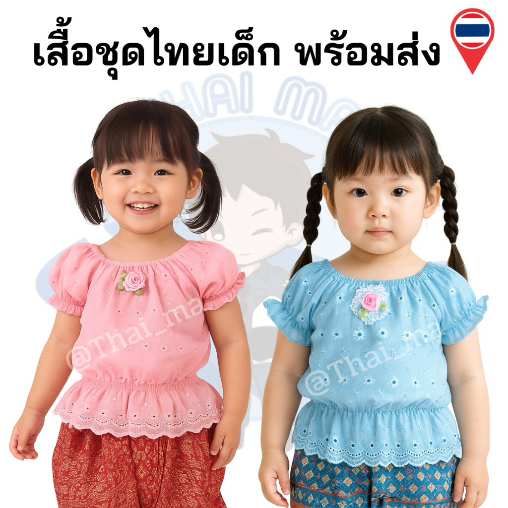 เสื้อลายไทย เด็กผู้หญิงแขนตุ๊กตา ผ้า Cotton ทอ 180 เส้น ผ้าฉลุลูกไม้ ใสงานโรงเรียน ประเพณีไทย อายุ แรกเกิด-12ขวบ (G45)