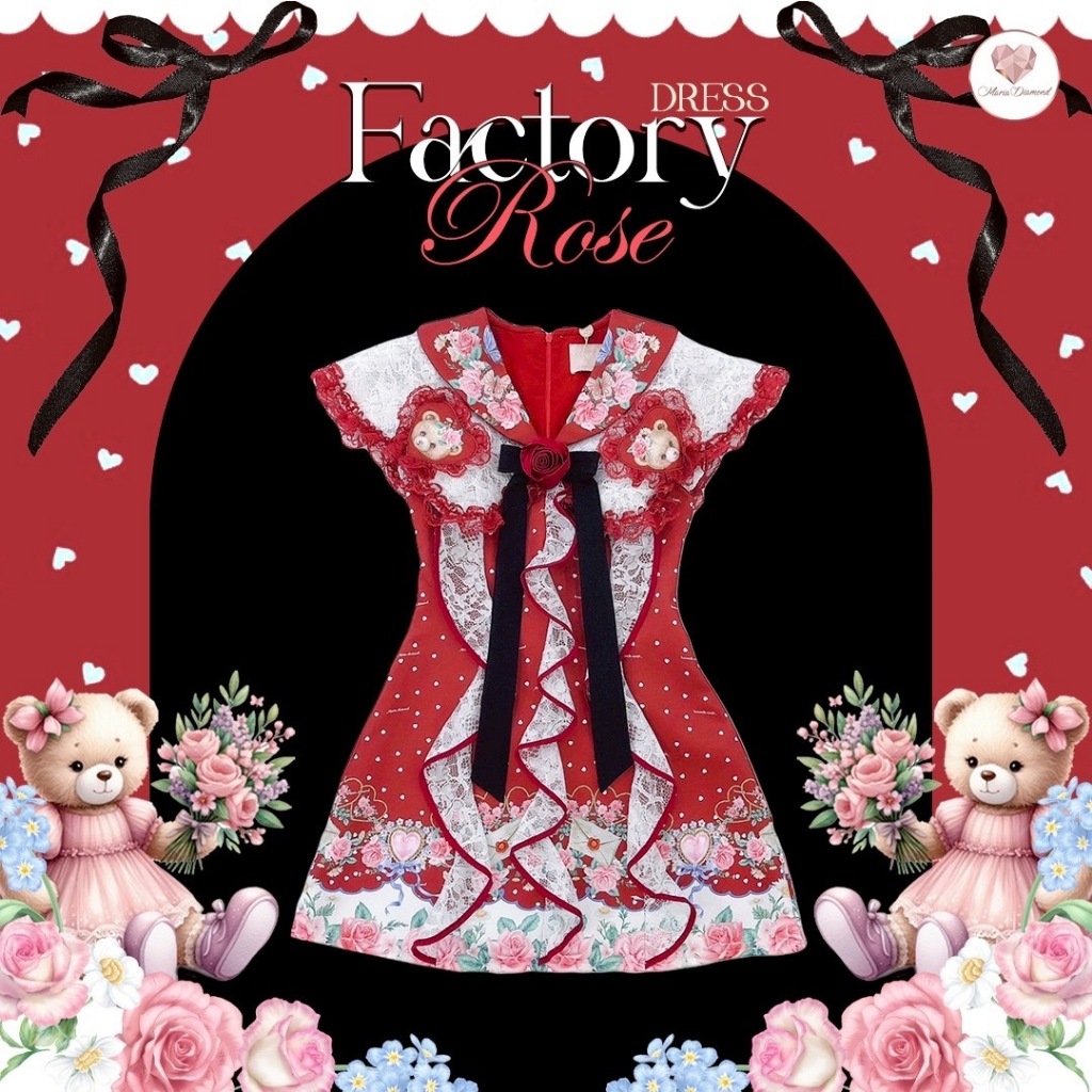 (มี3XL) Maria Diamond สีแดง Factory Rose Dress เดรสผ้าเปเป้พิมพ์ลาย แต่งระบายลูกไม้ + เข็มกลัดกุหลาบ ปกใหญ่สองชั้น ซิปหล