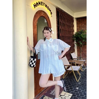 Longdopaws : Lace and Grace set ชุดเซ็ทผ้าทอปักลาย เสื้อคอปกบัว+กางเกงขาสั้น มีซับใน