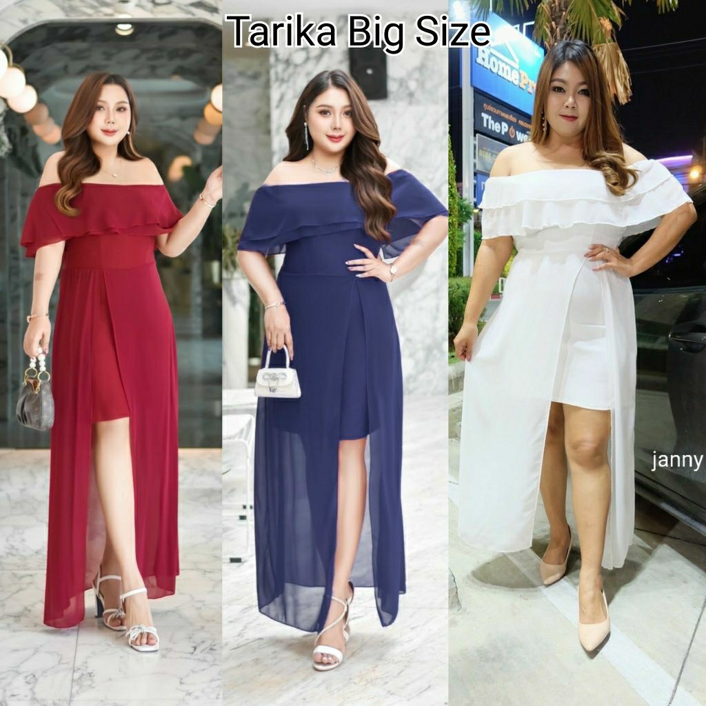 (8 สี) ชุดราตรียาว ปาดไหล่ ระบายอก2ขั้น ผ้าชีฟอง ชุดไปงาน เดรสชีฟอง Janny Big size ชุดราตรีระบายชีฟอง สาวอวบ คนอ้วน