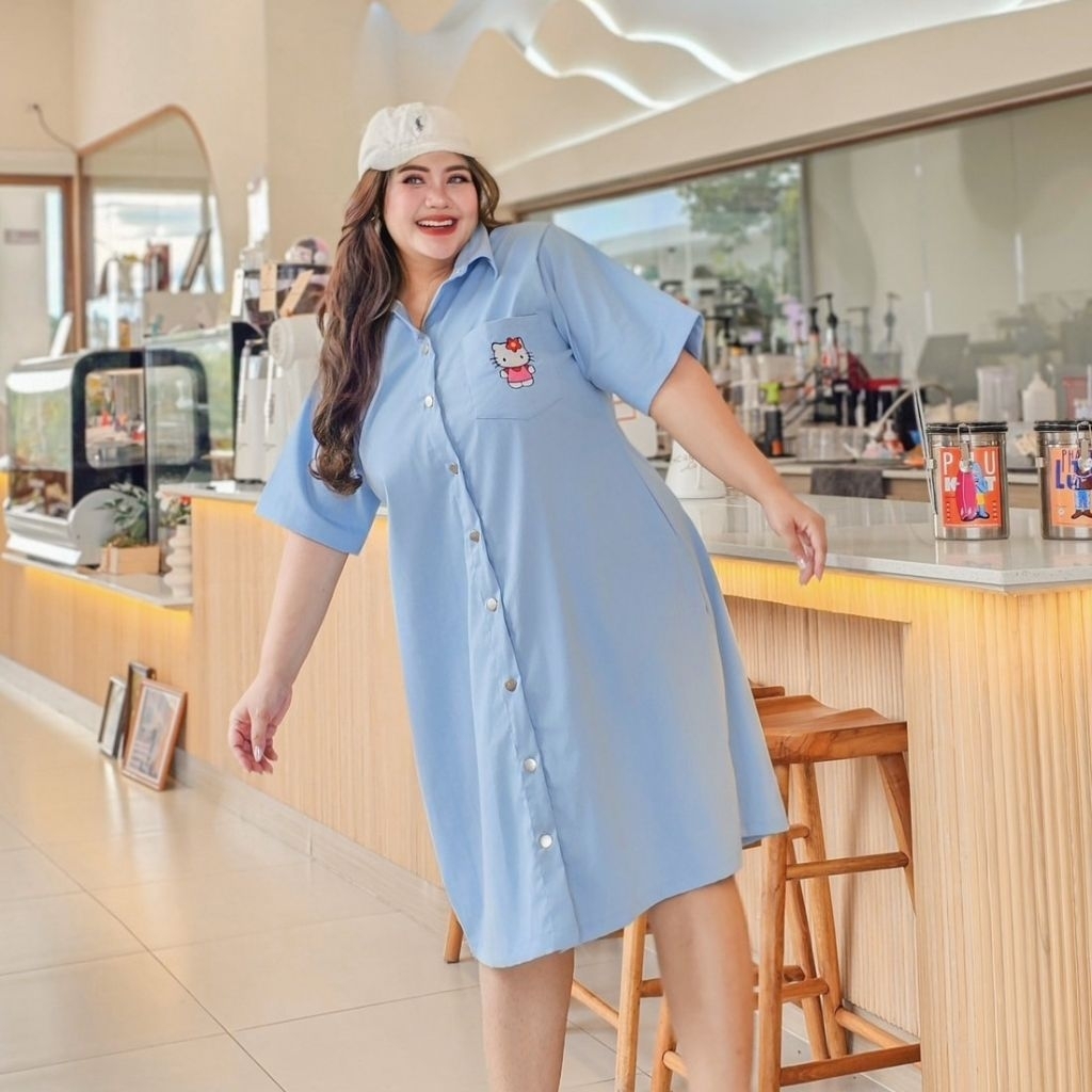 เดรสเชิ้ตปักคิตตี้ อก40-62นิ้ว ผ้ายีนส์บาง มีกระเป๋า คอปก แขนสั้น กระดุมใช้ได้จริง สาวอวบ ไซส์ใหญ่ MG27-0 - รูปที่ 5