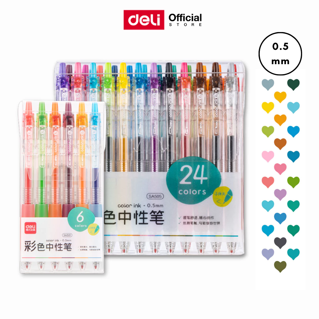 ชุดปากกาเจลสี Deli รุ่น SA501 / SA505 (6ด้าม/24ด้าม) สีสันสดใส (จำหน่าย 1 ชุด)