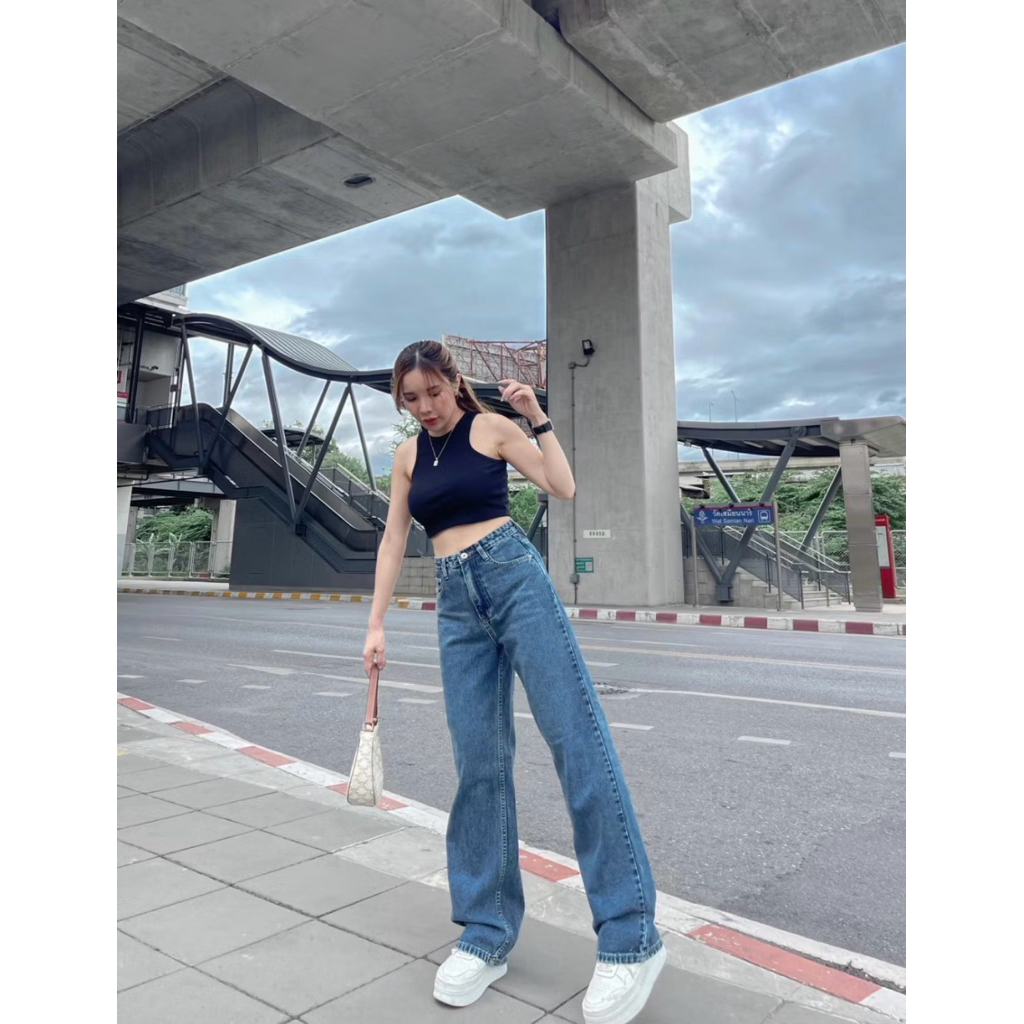 ยีนส์ขากระบอกสีเข้มเอวสูงป้าย saran size m