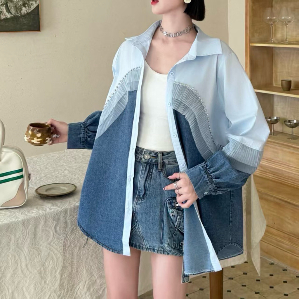 Jeans Patch Cotton Rim Frill DM Long Sleeve Shirt ราคา ถูกที่สุด ดีลบีเคเค แกลเลอรีภาพที่ 2