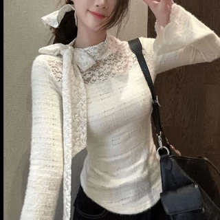 [Sheing office]🌟พร้อมส่ง🌟เสื้อแขนยาวผู้หญิงแต่งลูกไม้และเสื้อยืดเข้ารูป