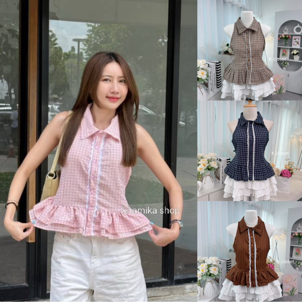 เสื้อเชิ้ตแขนกุดคอปก กระดุมหน้า ดีไซน์แต่งระบายช่วงเอว เพิ่มลูกไม้หวาน ๆ