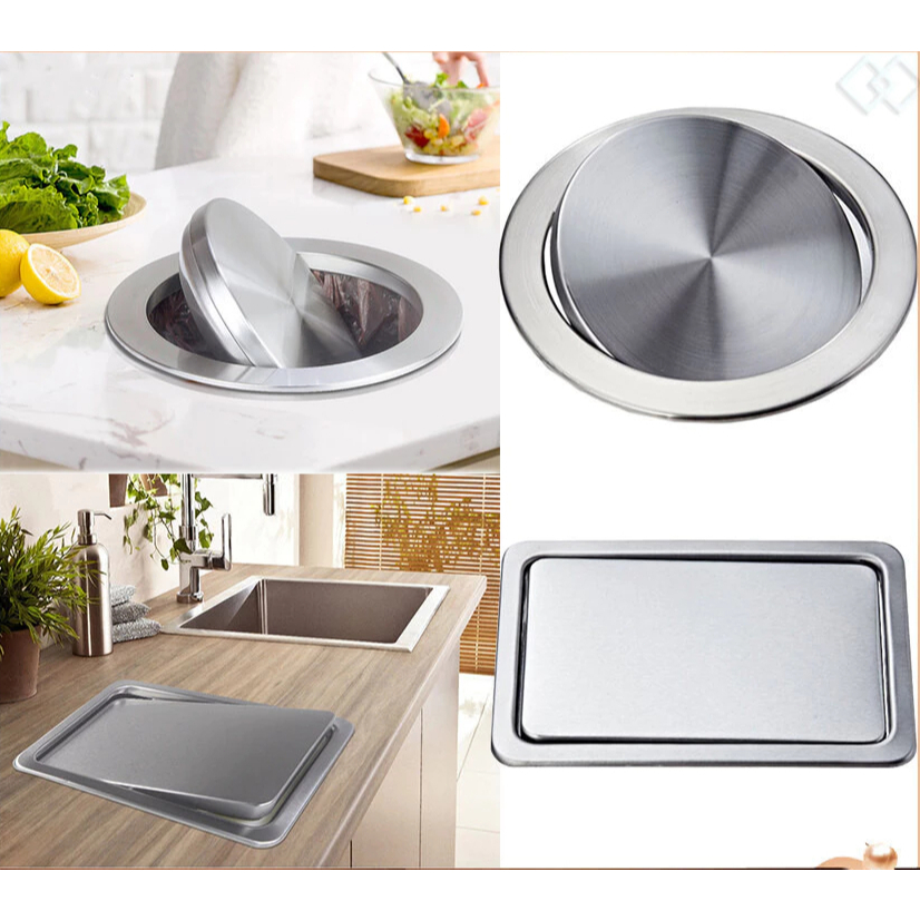 【จัดส่งท้องถิ่น】สแตนเลส Flap Flush ฝังในตัวสมดุลสวิงพนังฝาฝาปิดถังขยะถังขยะห้องครัวเคาน์เตอร์ด้านบนฝาปิดถังขยะ สเตนเลส