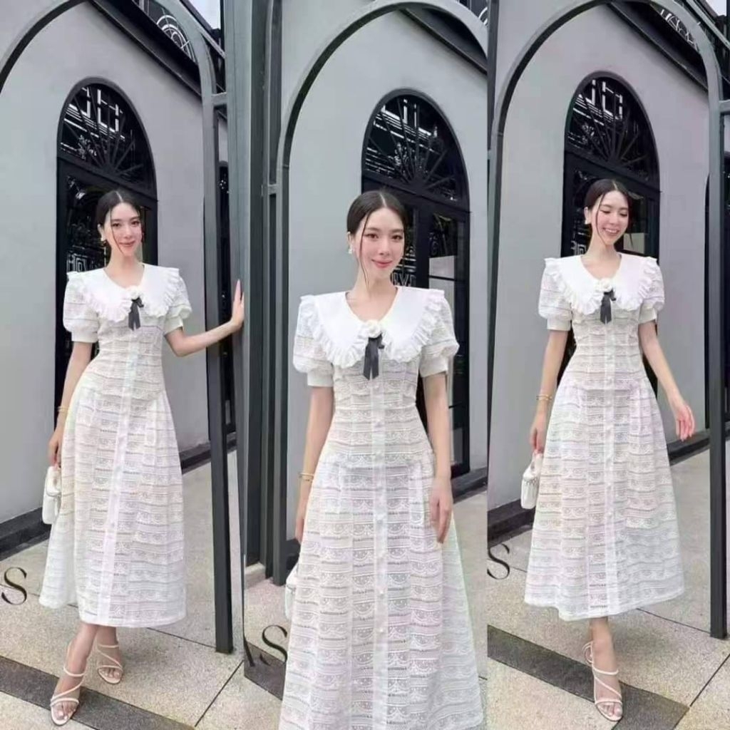 Si-am(ไซส์-อั้ม) เดรสคอลเจ้าหญิง ผ้าลูกไม้ลายสวยแน่น พร้อมเข็มกลัดดอกไม้ ใส่ได้ทุกโอกาส ผ้าดีมาก งานสวยตรงปก ใส่สวย