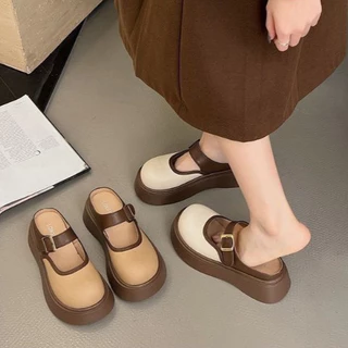 SHO-G200🍑รองเท้าหัวโต พื้นยางนิ่มใส่สบาย รองเท้าแฟชั่นปิดหัวเปิดส้น แต่งสายคาด สไตล์เกาหลี รองเท้าน่ารัก🍑