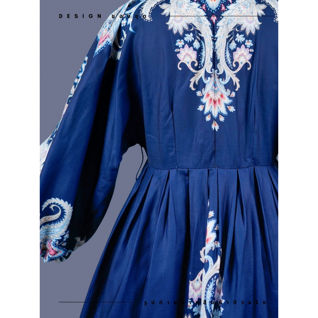 ชุดเดรสสั้น,ชุดเดรสโบฮีเมียน สีกรมท่า แขนยาว คอวี ผ้าโพลีเอสเตอร์ ความยาวชุด 35 - รูปที่ 4