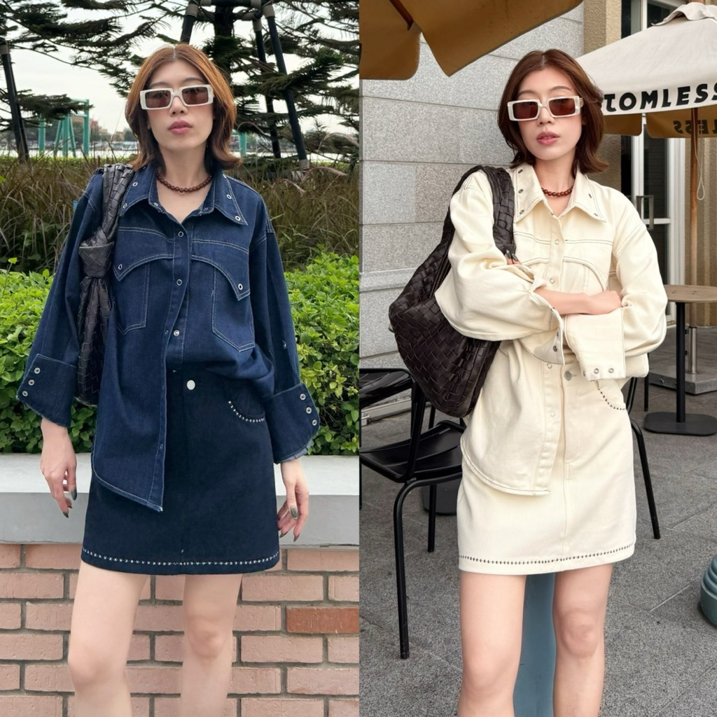 63STUDIOX2 OVERSIZE DENIM SHIRT WITH STUDDED🔘🤍🤎💙เสื้อยีนส์ทรงโอเวอร์ไซส์ 8509 ALine Skirt with Belt〰️กระโปรงกางเกงลูกฟูก