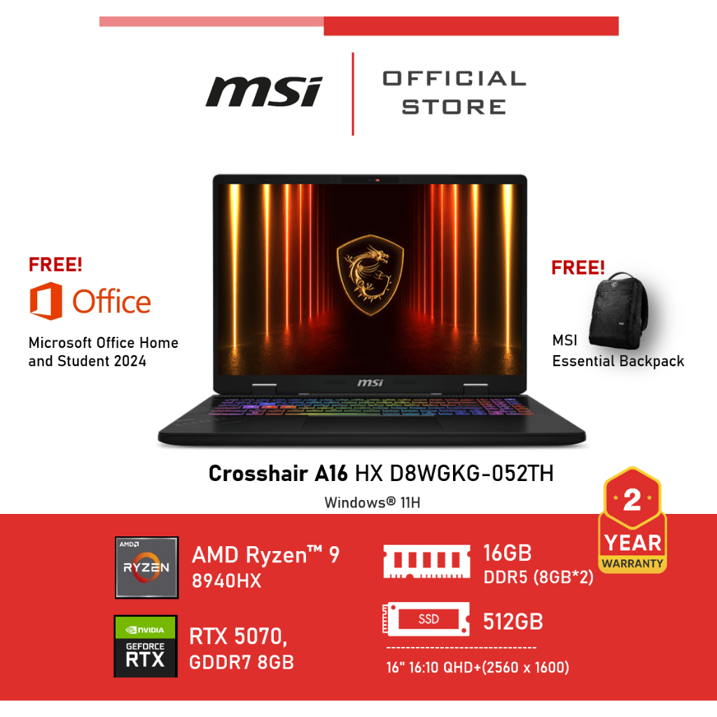 [Pre-Order] MSI Crosshair A16 HX D8WGKG-052TH (NVIDIA® GeForce RTX™ 5070 Laptop GPU, GDDR7 8GB) Lapt