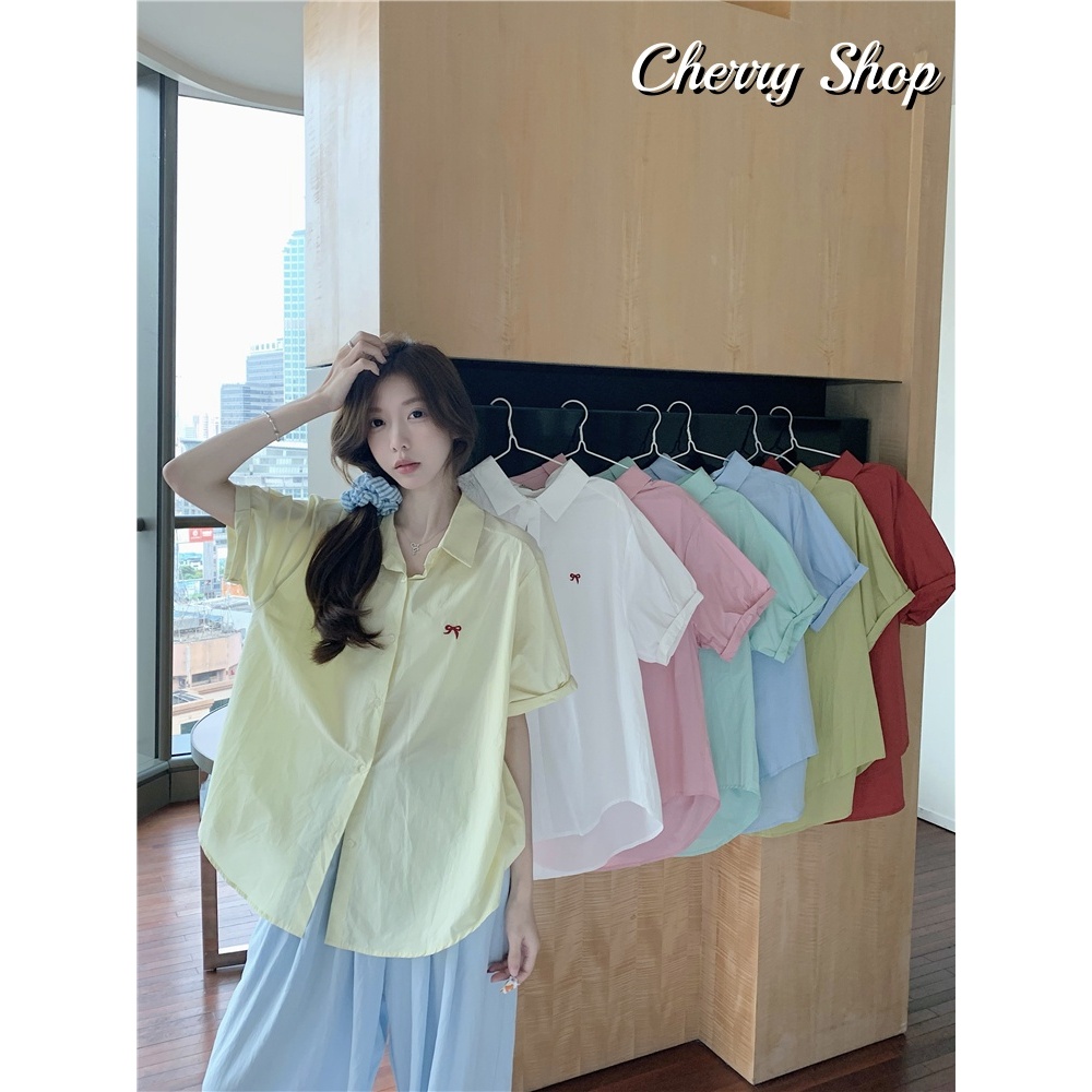cherryshop พร้อมส่ง เสื้อเชิ้ตแขนสั้นผู้หญิงสไตล์ลำลองเกาหลี ทรงโอเวอร์ไซส์ งานปักผีเสื้อ ความยาวกลาง หวานและน่ารัก