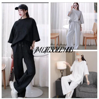 J·M ชุดลายนูนสไตล์เกาหลี｜กางเกงเอวสูงขาเรียว+เสื้อแขนสั้น｜ผ้าลื่นตกตัว สวยเป๊ะแบบฉบับสาวเอเชีย