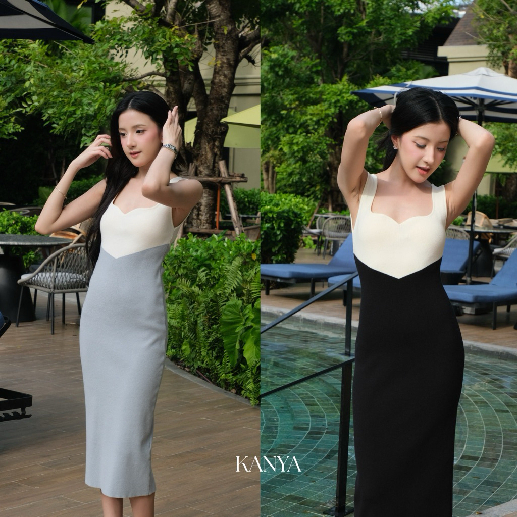 KANYA - Two-Tone Midi Dress[6651] เดรสไหมพรม ดีเทลคอรูปหัวใจ (4E-4F) / (14A-14B)