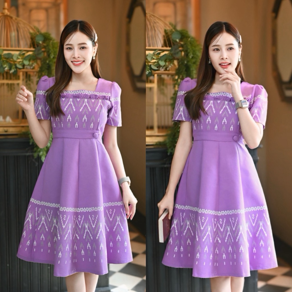 ย้วยม่วงคอเหลี่ยมผ้าฝ้ายพิมพ์ลายอัดกาว  S-6XL [SRY24]