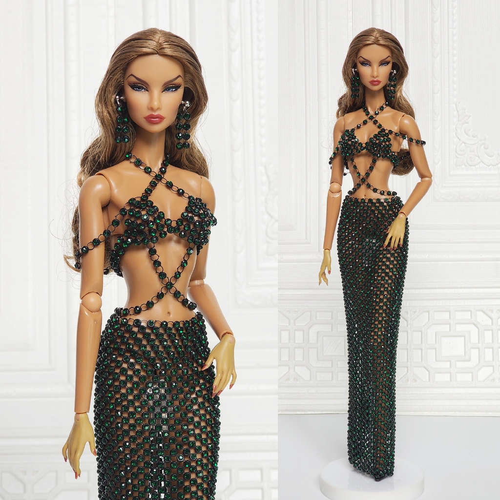 ชุดตุ๊กตา ทำมือ ตาข่ายโลหะสีดำ คริสตัลเขียว สำหรับบาร์บี้ Fashion Royalty Doll Barbie Silkstone Popp