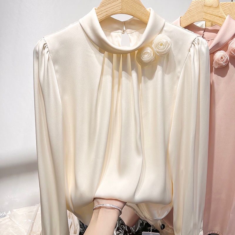[Sheing office]🌟พร้อมส่ง🌟เสื้อเชิ้ตทำงานผ้าชีฟองแขนยาวผู้หญิง สไตล์ฝรั่งเศส ทรงสวมหัวลายดอกไม้สามมิติ