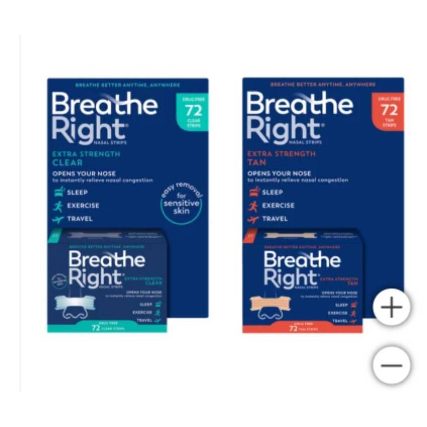 แผ่นแปะหยุดการกรน Breathe Right Extra Clear สำหรับผิวแพ้ง่าย เพื่อลดหรือหยุดการกรนและอาการคัดจมูก 72 ชิ้น