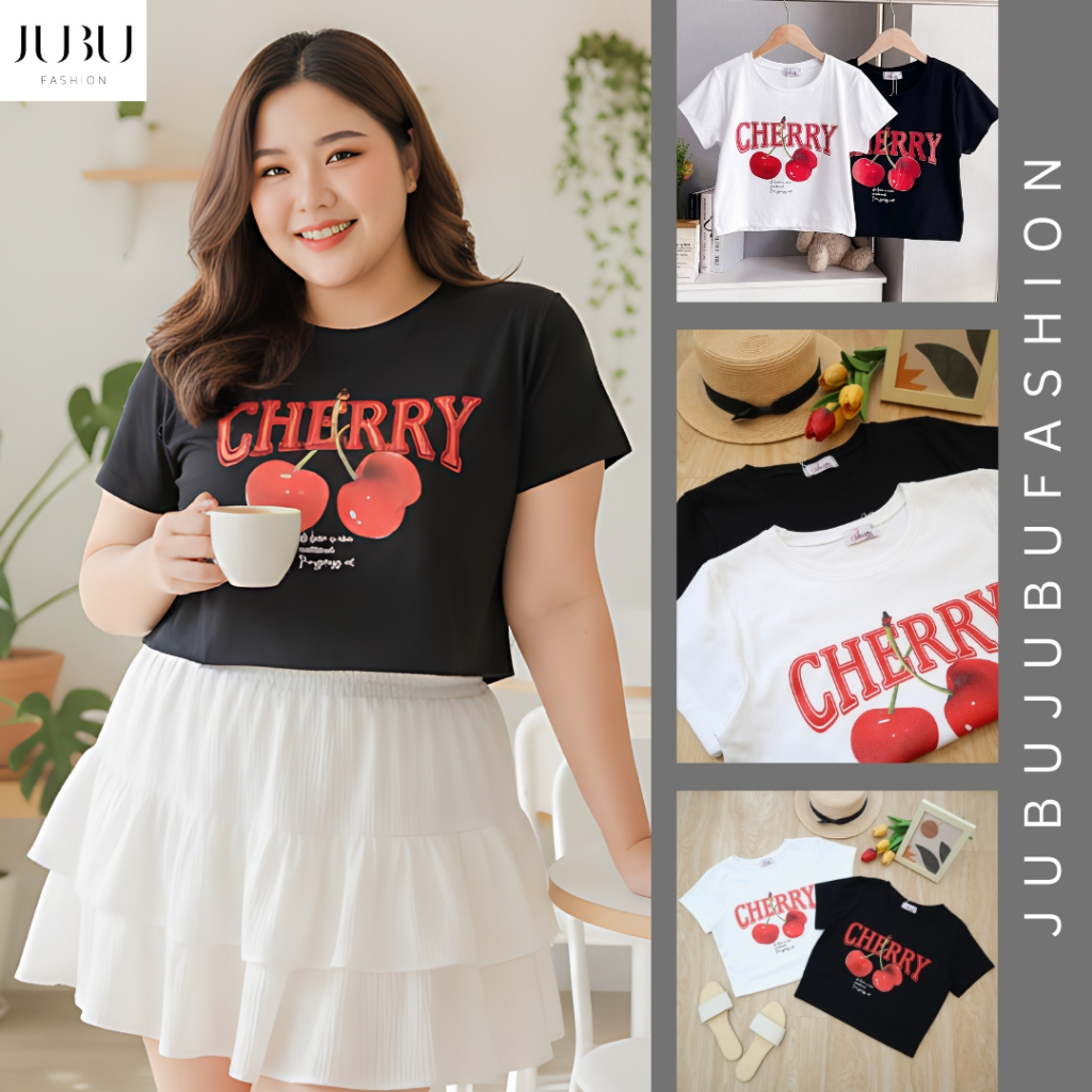 Cherry Crop Top เสื้อครอปสาวอวบ Baby Tee ลายเชอรี่น่ารัก ผ้ายูนิโคล อก34-46นิ้ว เสื้อคอกลม #585